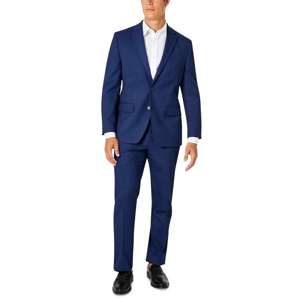 $395 NEW VAN HEUSEN Mens 36R Navy Plaid Soft 2 Piece Suit With Dress Pants 29x32
